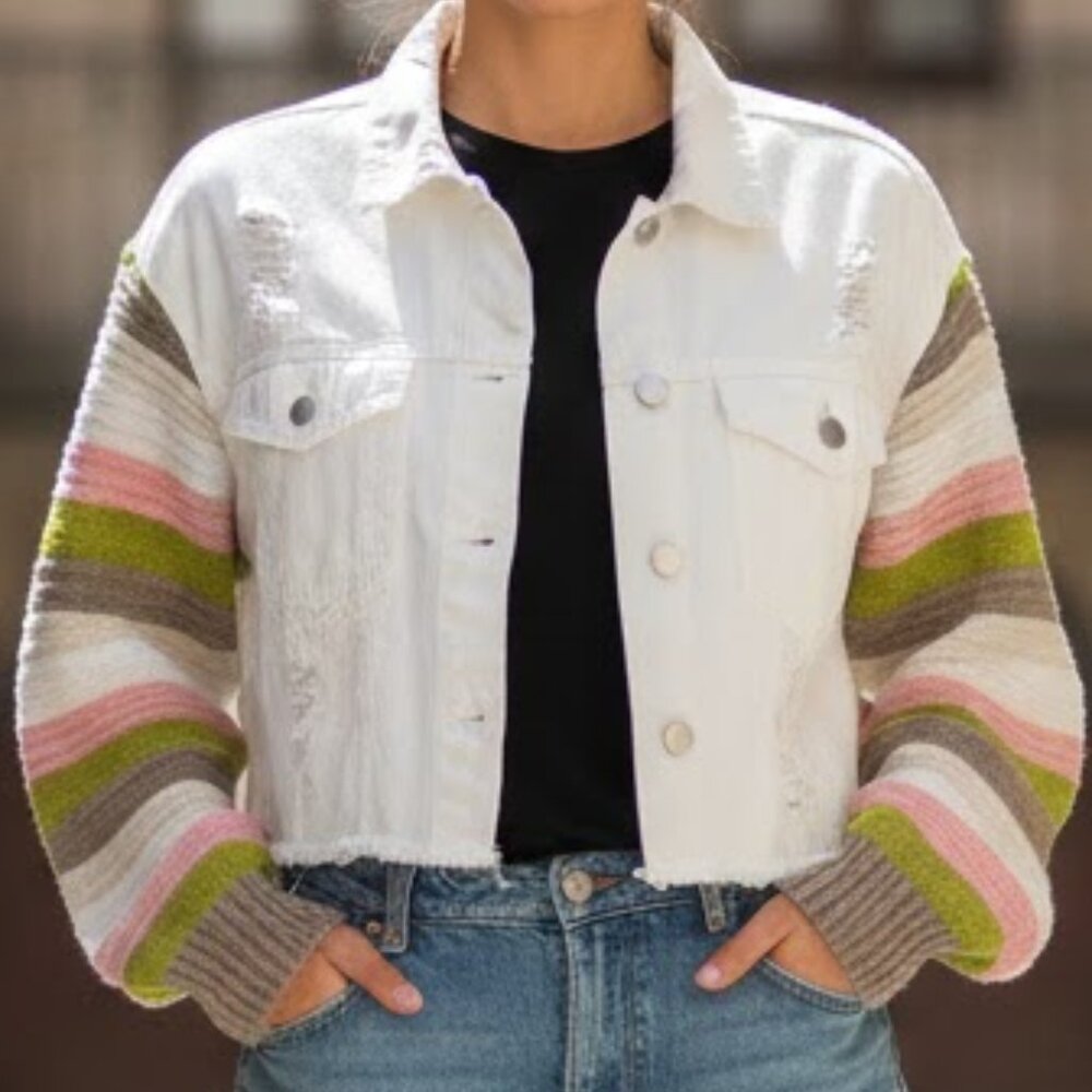 White distressed jean jacket crochet sleeves